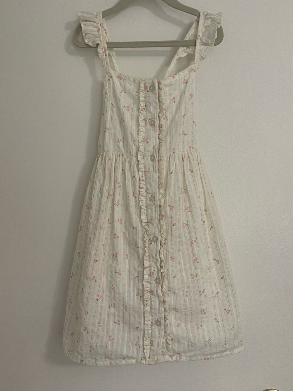 Tahari Cream Dress with Pink Cherry Print and Ruffled Straps